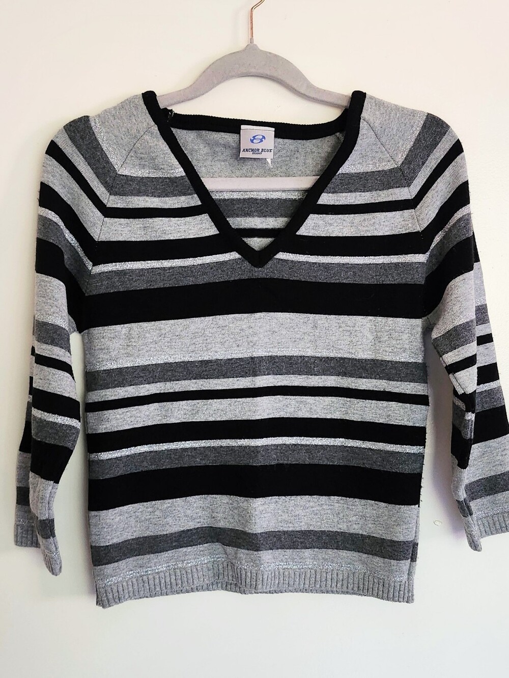 VTG Early 2000s Anchor Blue Striped Metallic V-Neck Sweater